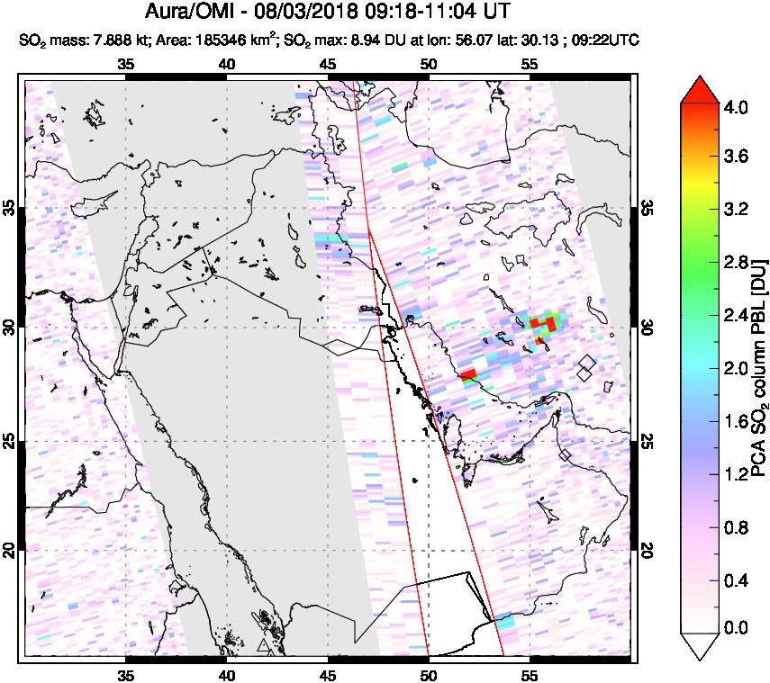 A sulfur dioxide image over Middle East on Aug 03, 2018.