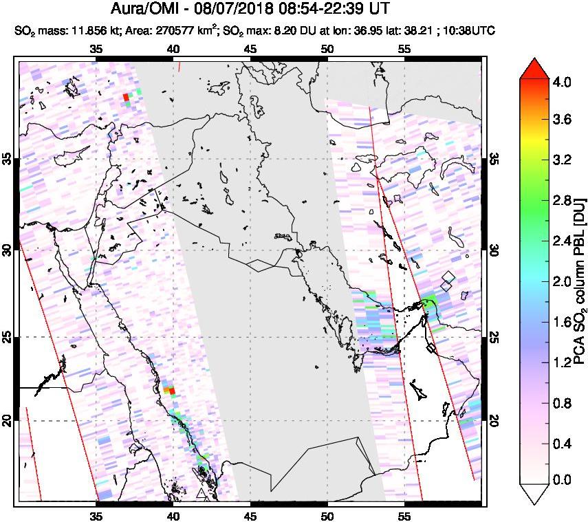A sulfur dioxide image over Middle East on Aug 07, 2018.