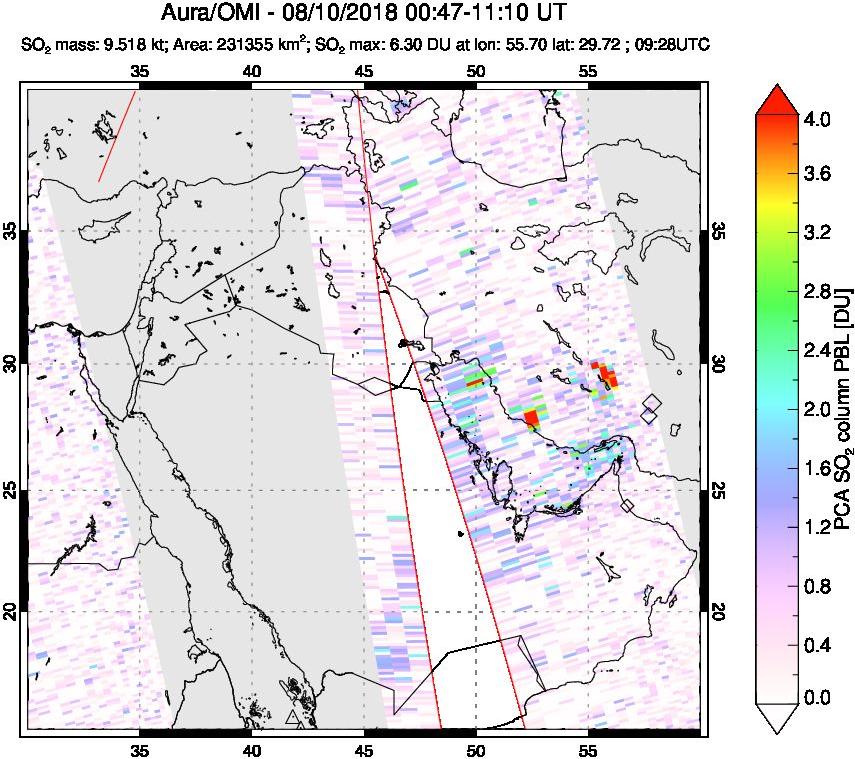 A sulfur dioxide image over Middle East on Aug 10, 2018.