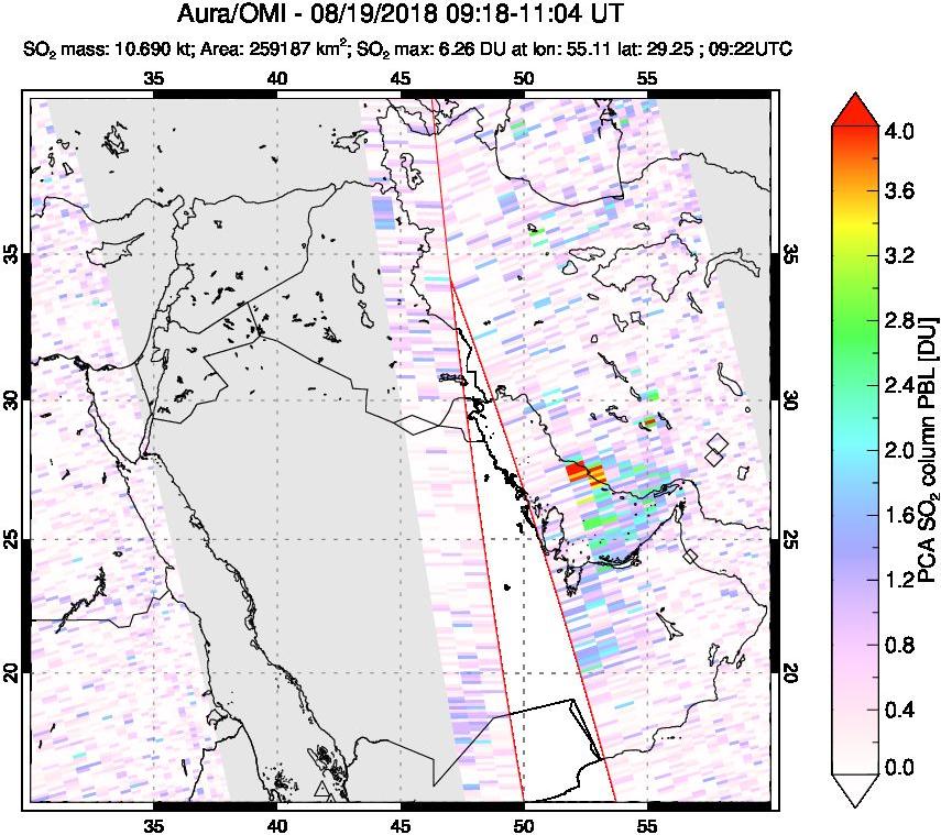 A sulfur dioxide image over Middle East on Aug 19, 2018.
