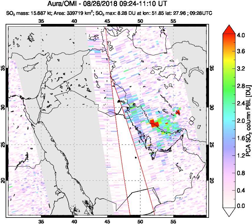 A sulfur dioxide image over Middle East on Aug 26, 2018.