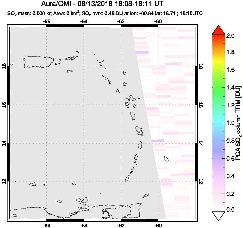 A sulfur dioxide image over Montserrat, West Indies on Aug 13, 2018.