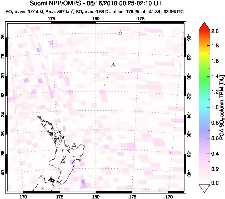 A sulfur dioxide image over New Zealand on Aug 16, 2018.