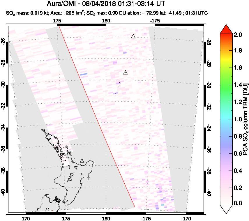 A sulfur dioxide image over New Zealand on Aug 04, 2018.
