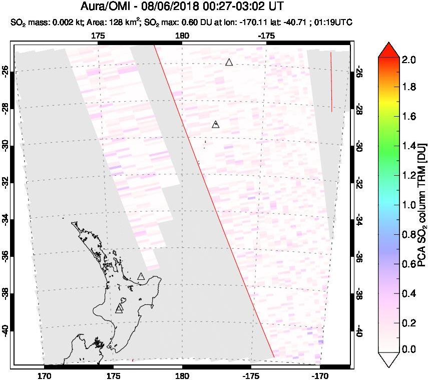 A sulfur dioxide image over New Zealand on Aug 06, 2018.