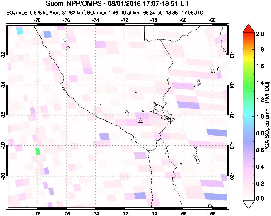 A sulfur dioxide image over Peru on Aug 01, 2018.
