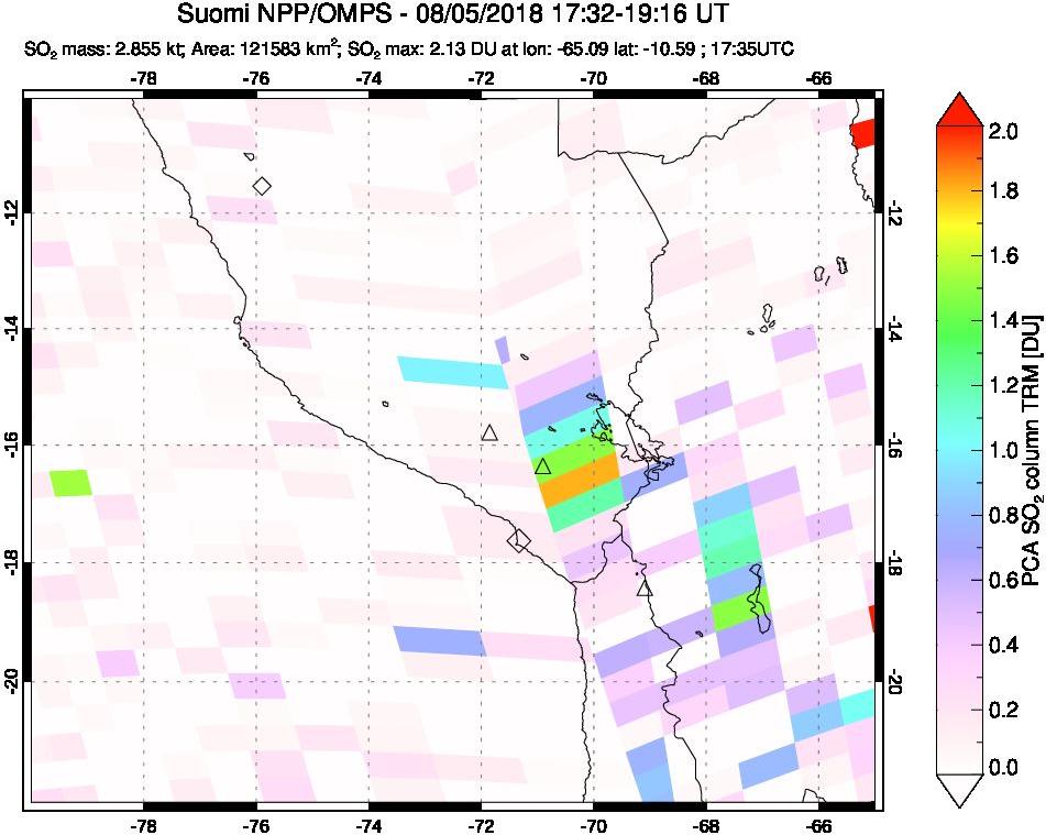 A sulfur dioxide image over Peru on Aug 05, 2018.