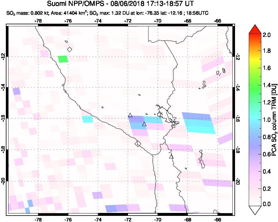 A sulfur dioxide image over Peru on Aug 06, 2018.