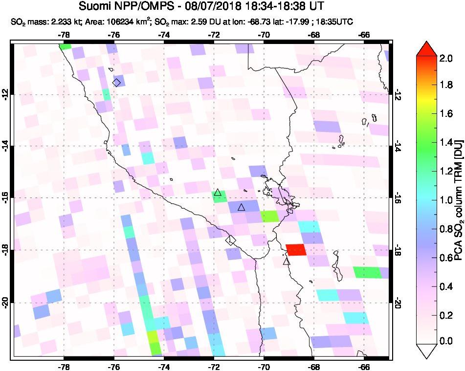 A sulfur dioxide image over Peru on Aug 07, 2018.