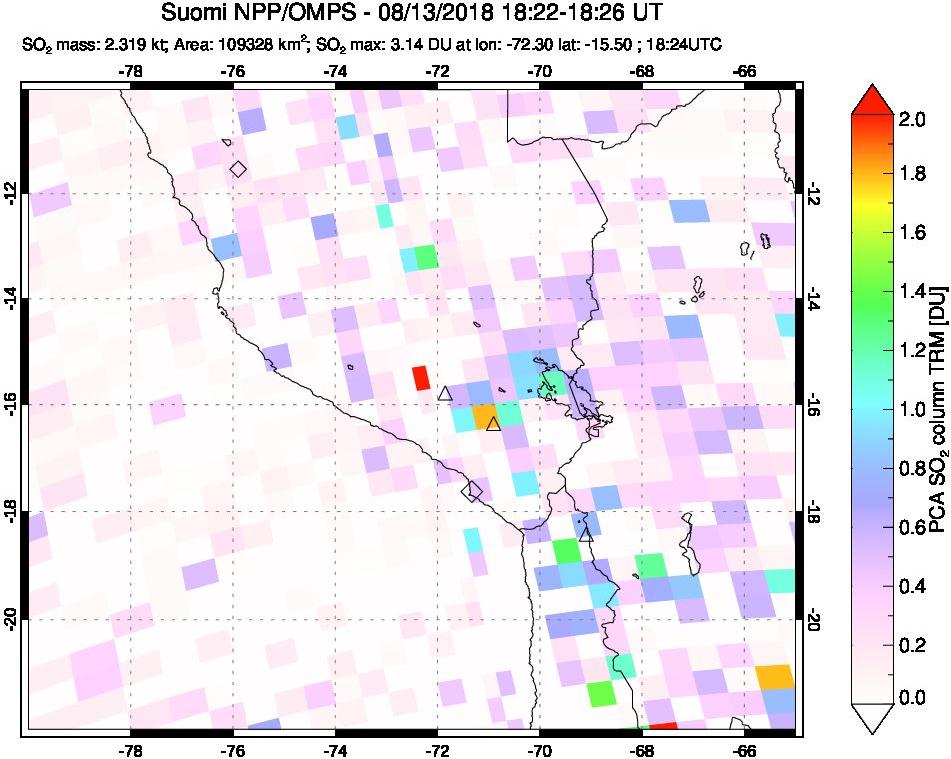 A sulfur dioxide image over Peru on Aug 13, 2018.