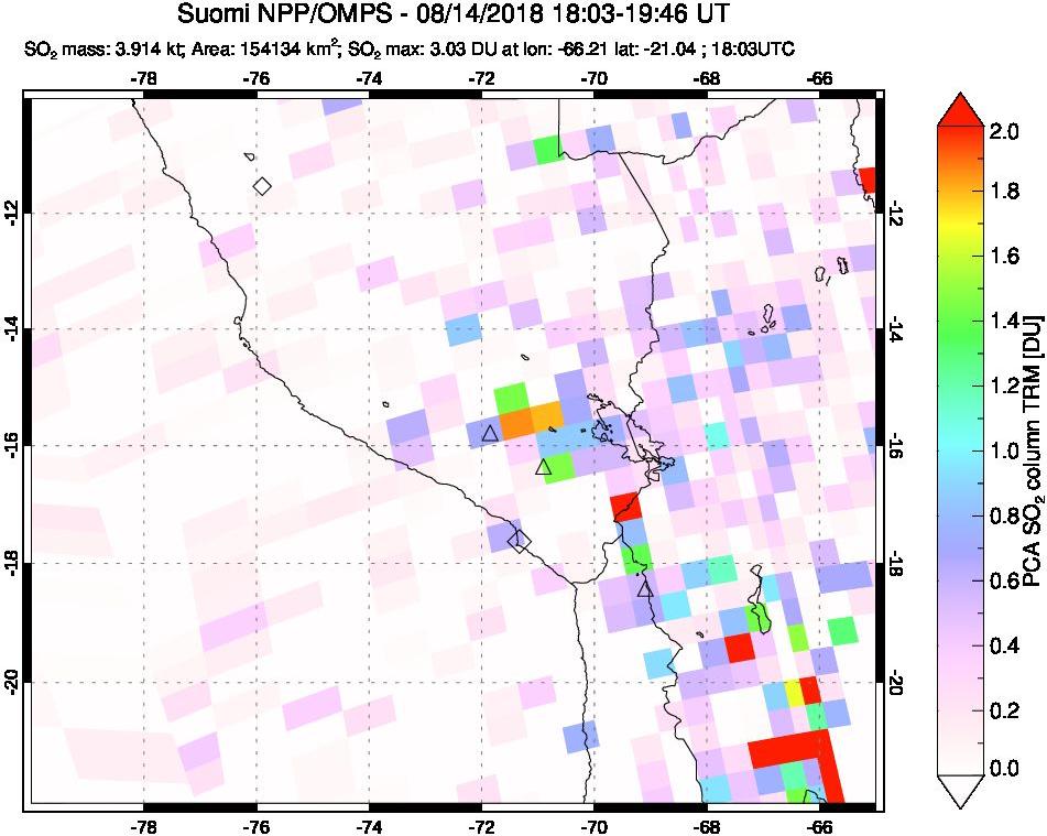 A sulfur dioxide image over Peru on Aug 14, 2018.