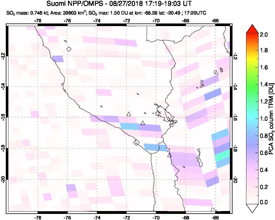 A sulfur dioxide image over Peru on Aug 27, 2018.