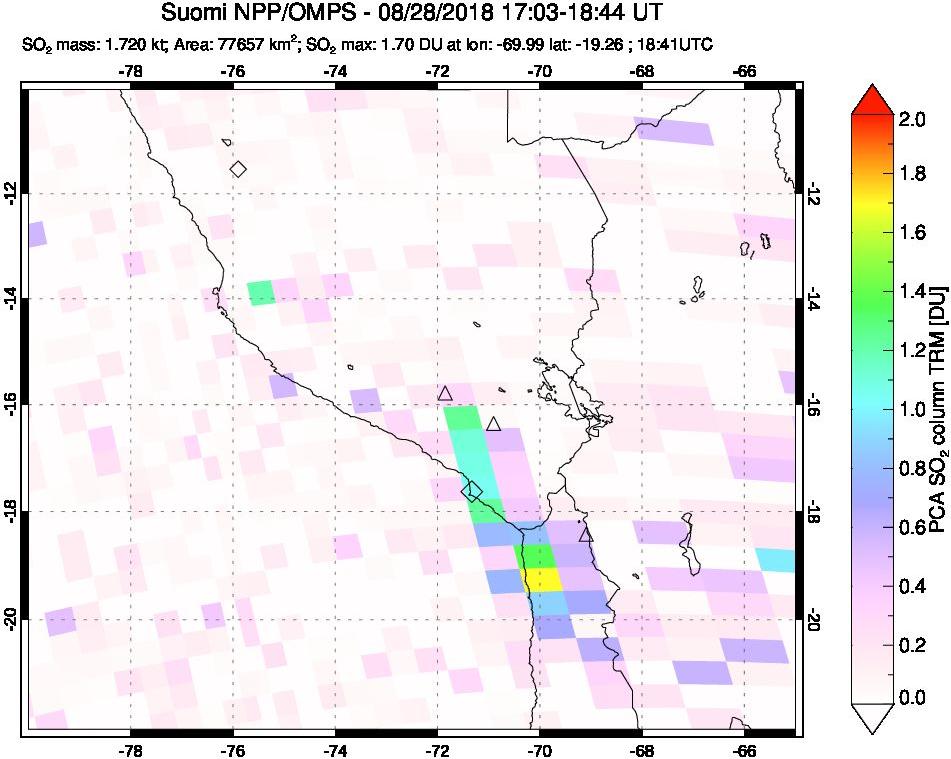 A sulfur dioxide image over Peru on Aug 28, 2018.