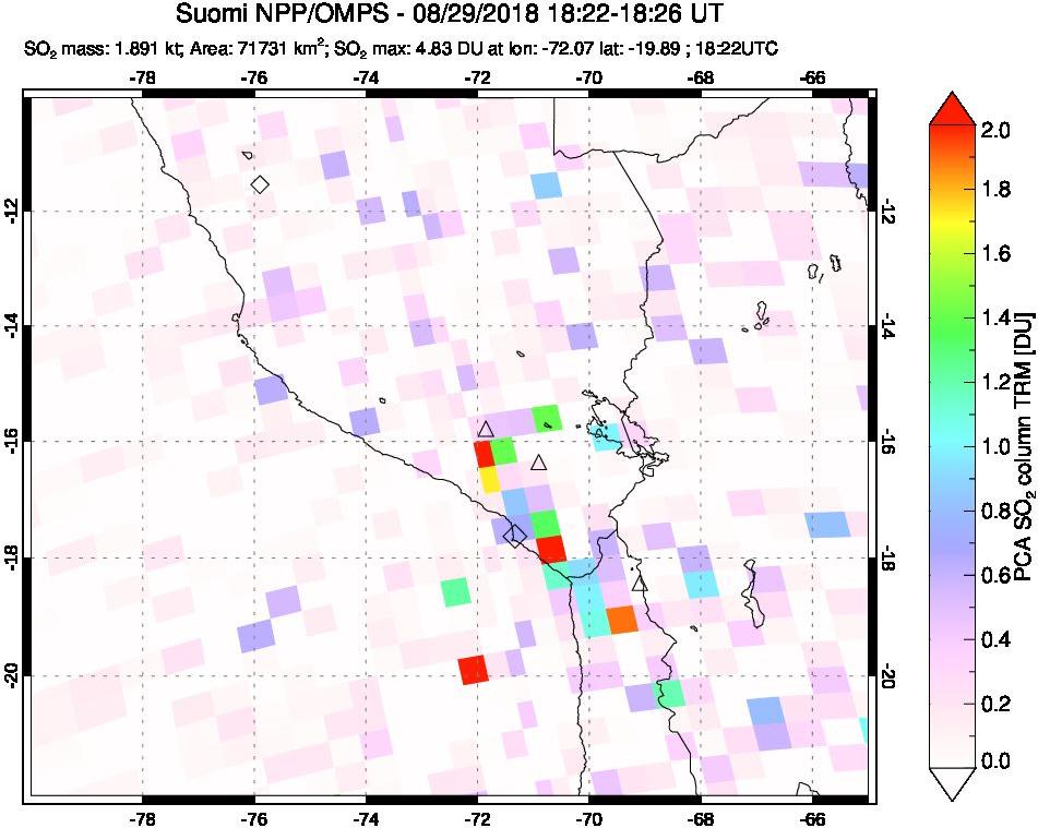 A sulfur dioxide image over Peru on Aug 29, 2018.