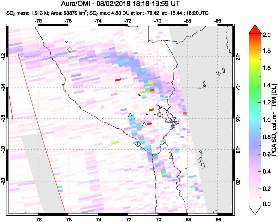 A sulfur dioxide image over Peru on Aug 02, 2018.
