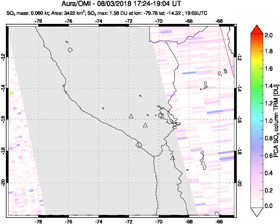 A sulfur dioxide image over Peru on Aug 03, 2018.