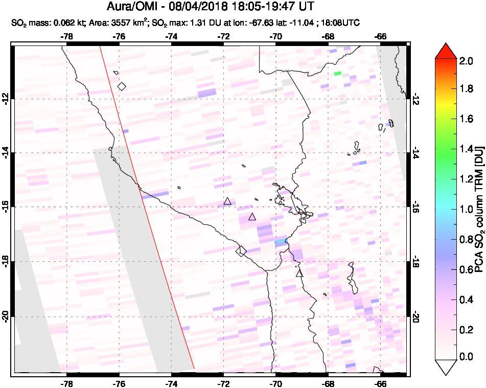 A sulfur dioxide image over Peru on Aug 04, 2018.