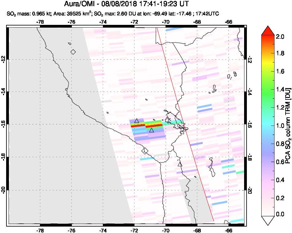 A sulfur dioxide image over Peru on Aug 08, 2018.