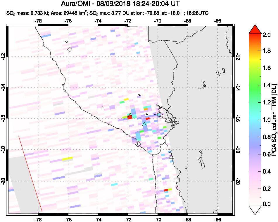 A sulfur dioxide image over Peru on Aug 09, 2018.