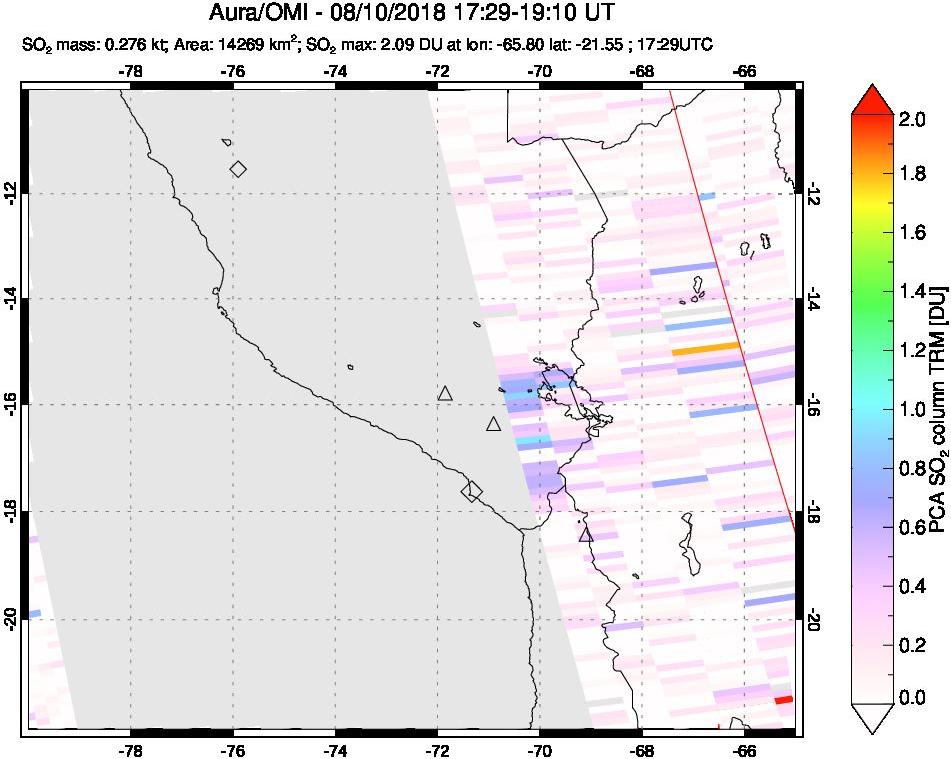 A sulfur dioxide image over Peru on Aug 10, 2018.