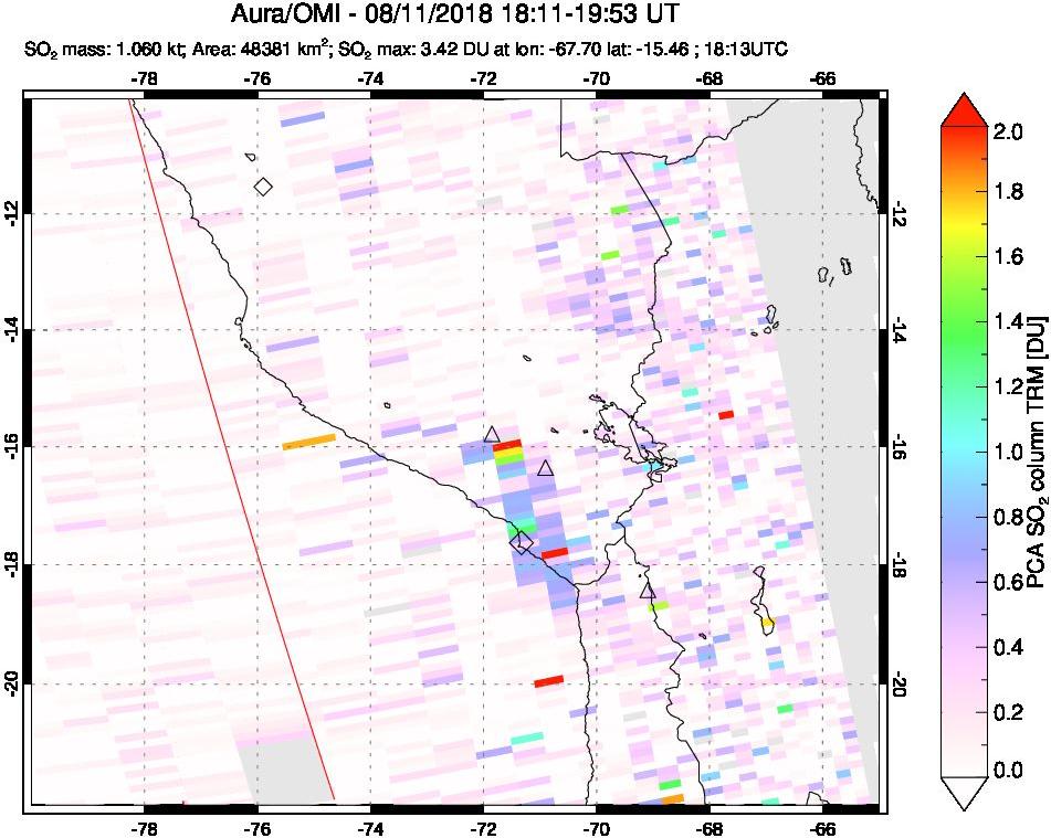 A sulfur dioxide image over Peru on Aug 11, 2018.