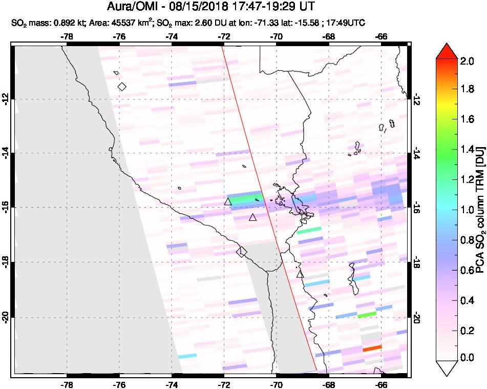 A sulfur dioxide image over Peru on Aug 15, 2018.