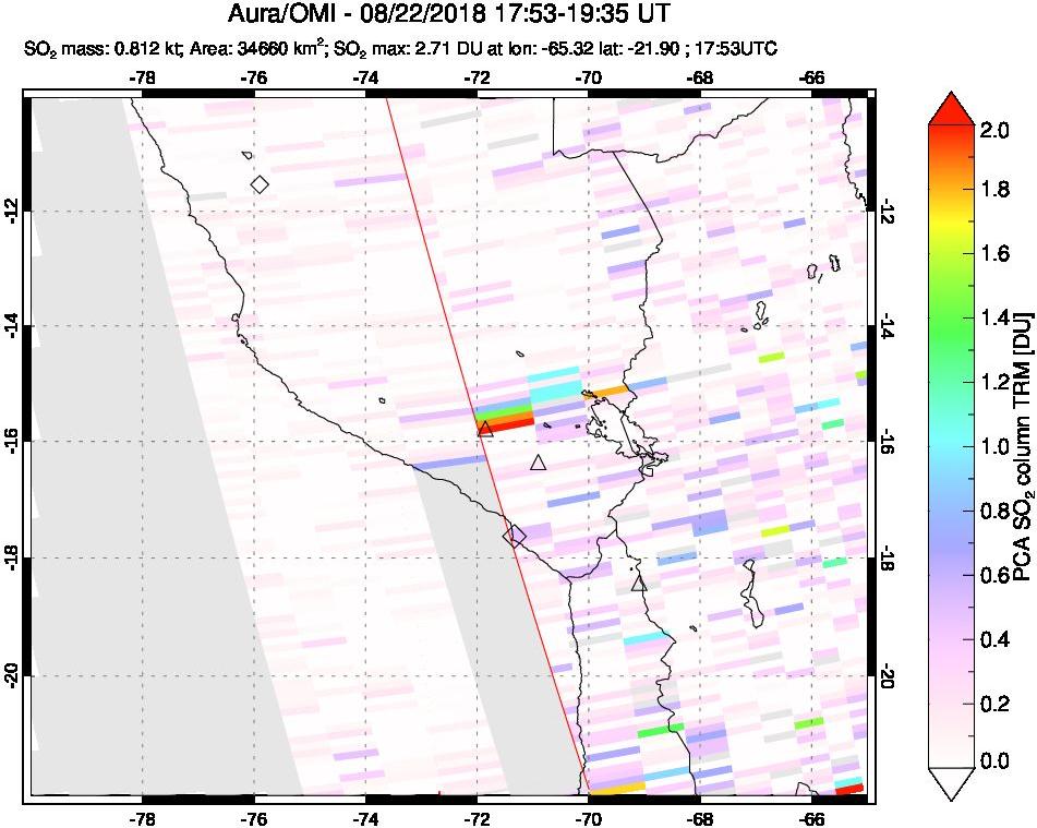 A sulfur dioxide image over Peru on Aug 22, 2018.