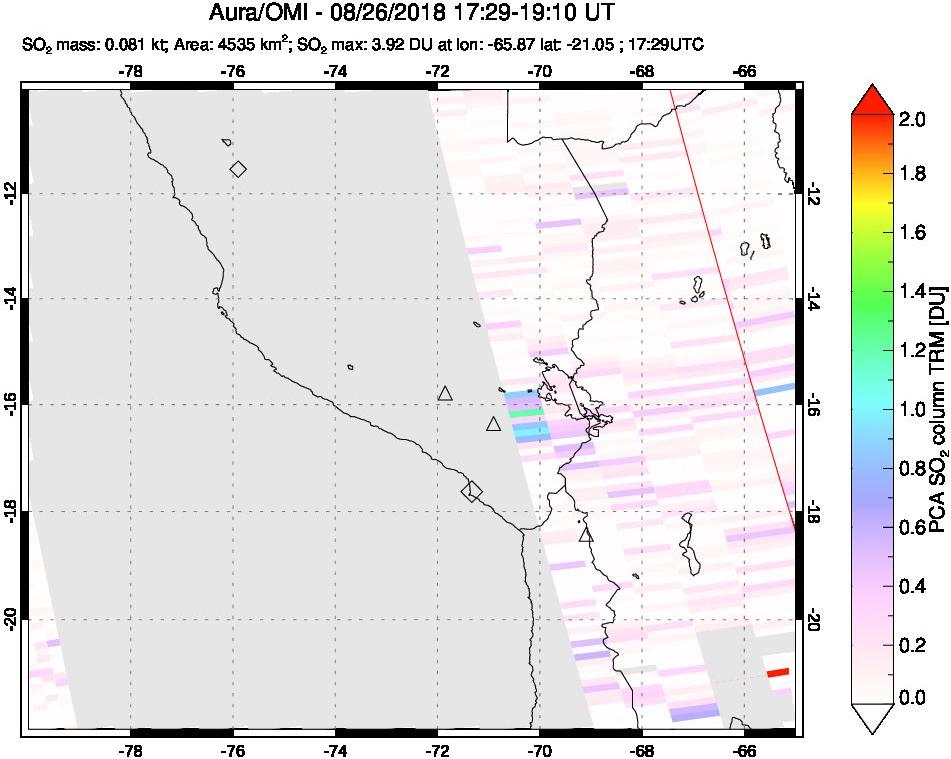 A sulfur dioxide image over Peru on Aug 26, 2018.