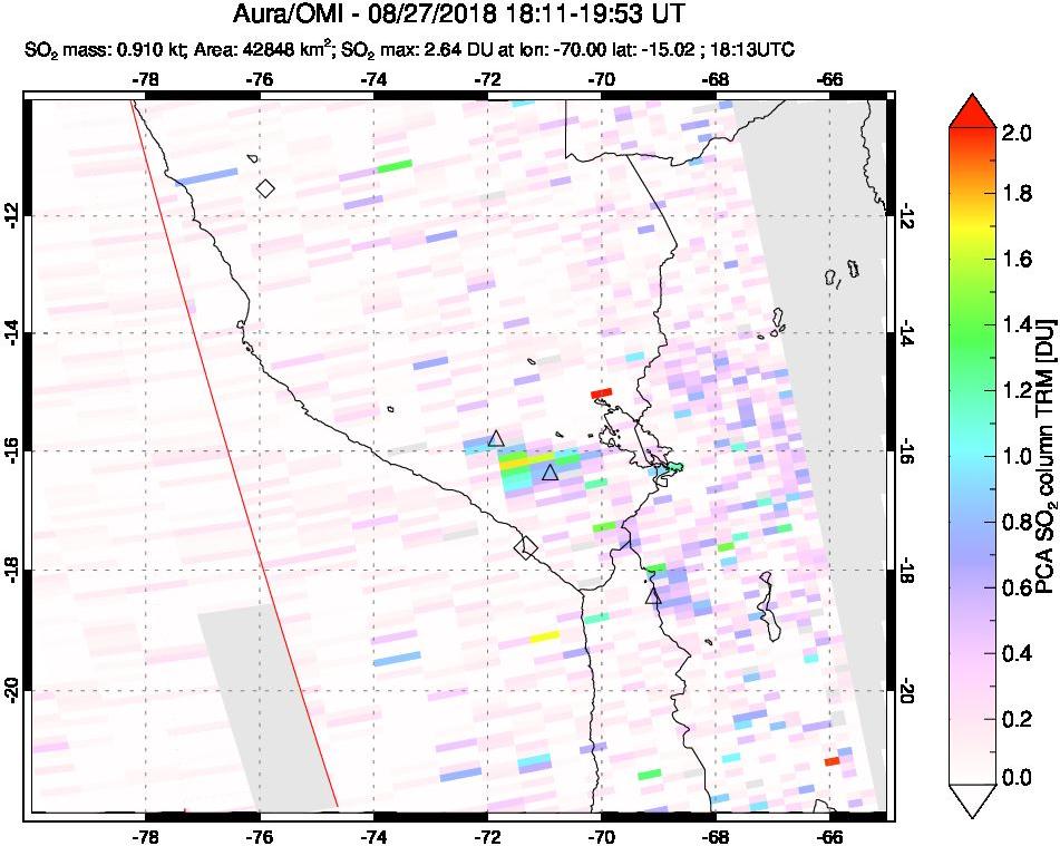 A sulfur dioxide image over Peru on Aug 27, 2018.