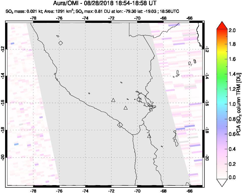 A sulfur dioxide image over Peru on Aug 28, 2018.