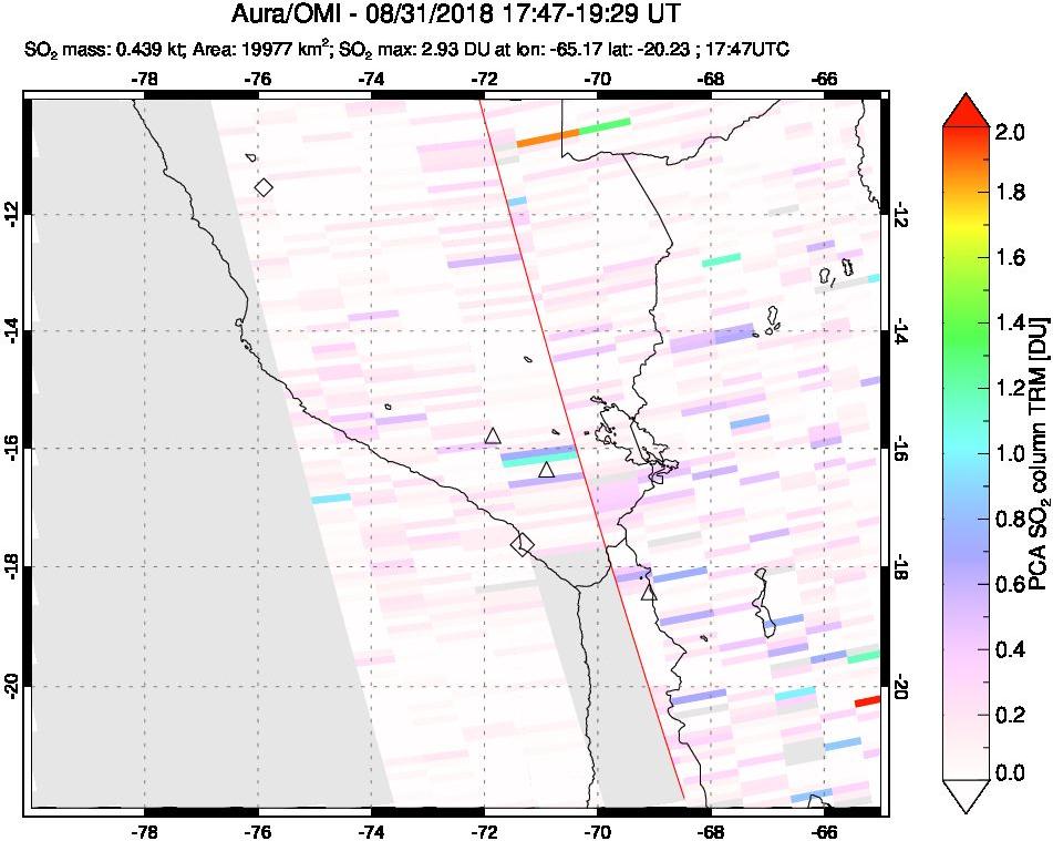 A sulfur dioxide image over Peru on Aug 31, 2018.