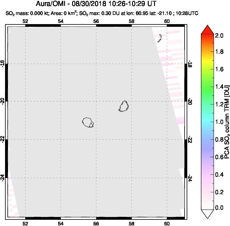 A sulfur dioxide image over Reunion Island, Indian Ocean on Aug 30, 2018.