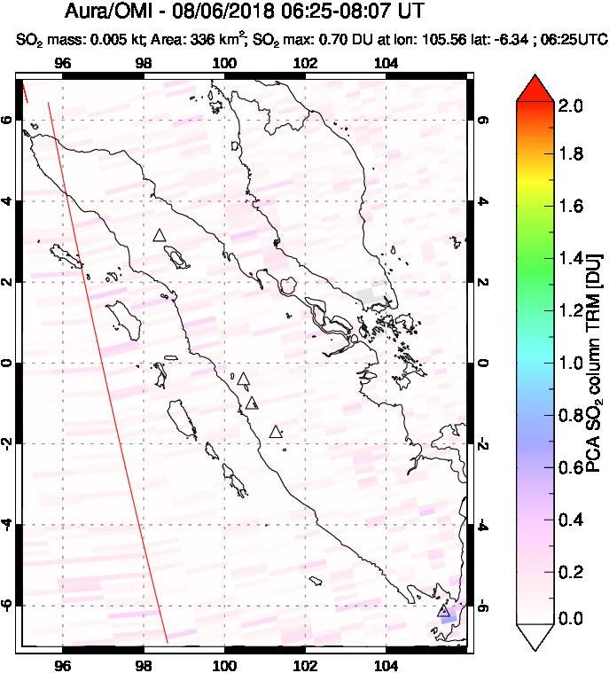 A sulfur dioxide image over Sumatra, Indonesia on Aug 06, 2018.
