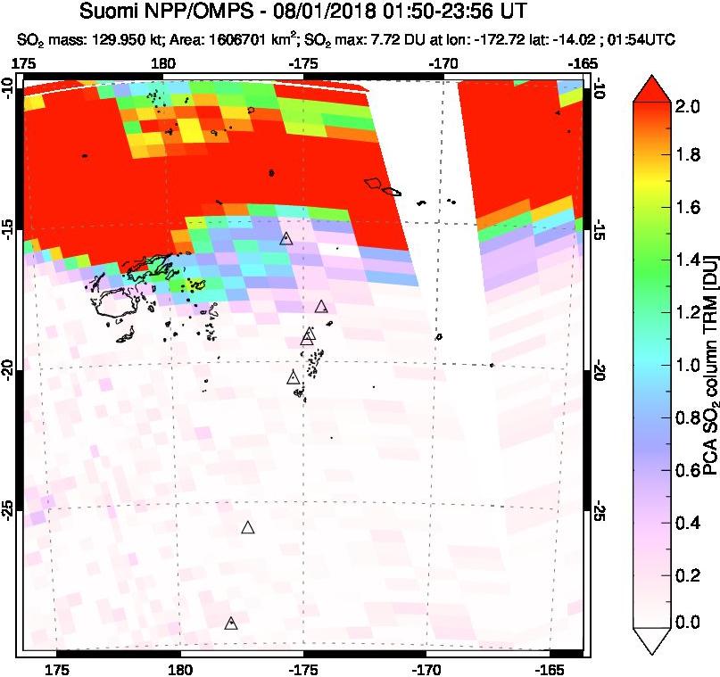 A sulfur dioxide image over Tonga, South Pacific on Aug 01, 2018.