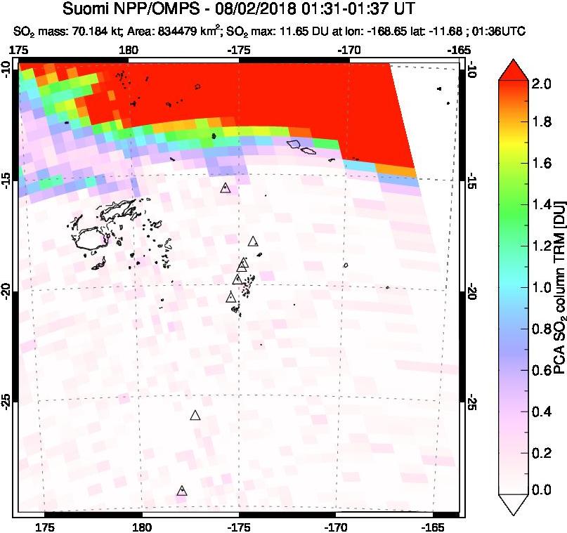 A sulfur dioxide image over Tonga, South Pacific on Aug 02, 2018.
