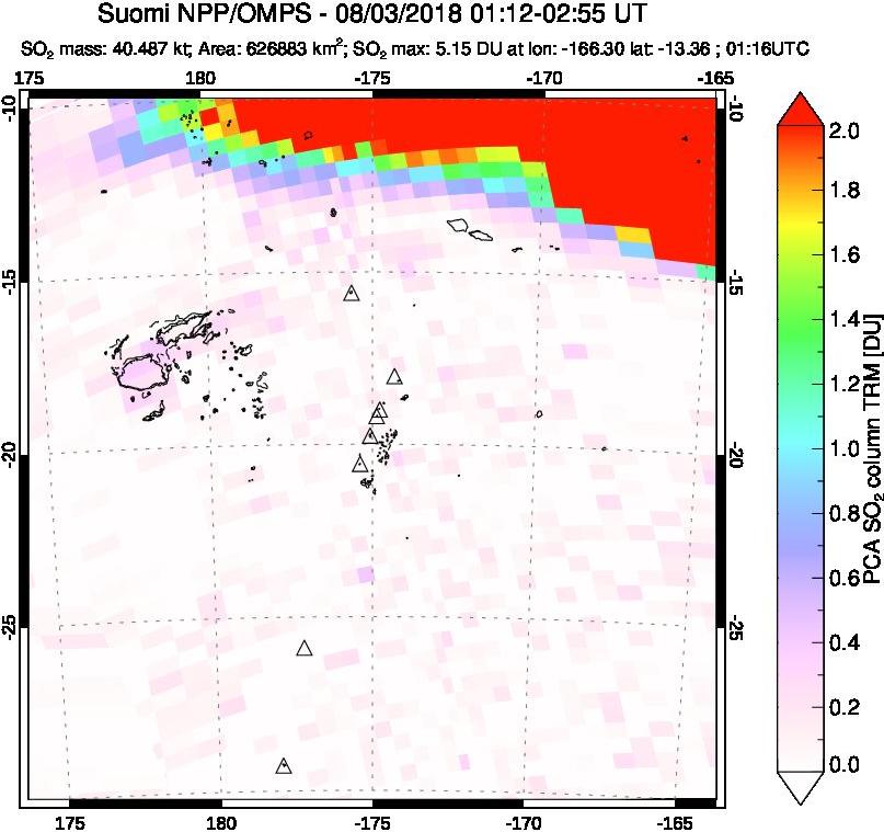 A sulfur dioxide image over Tonga, South Pacific on Aug 03, 2018.