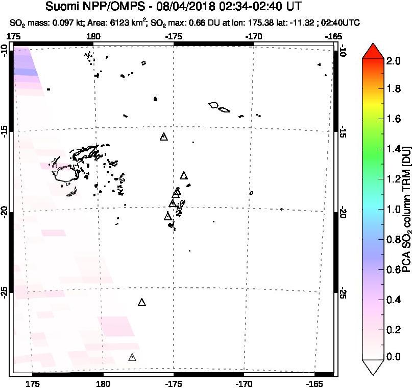 A sulfur dioxide image over Tonga, South Pacific on Aug 04, 2018.