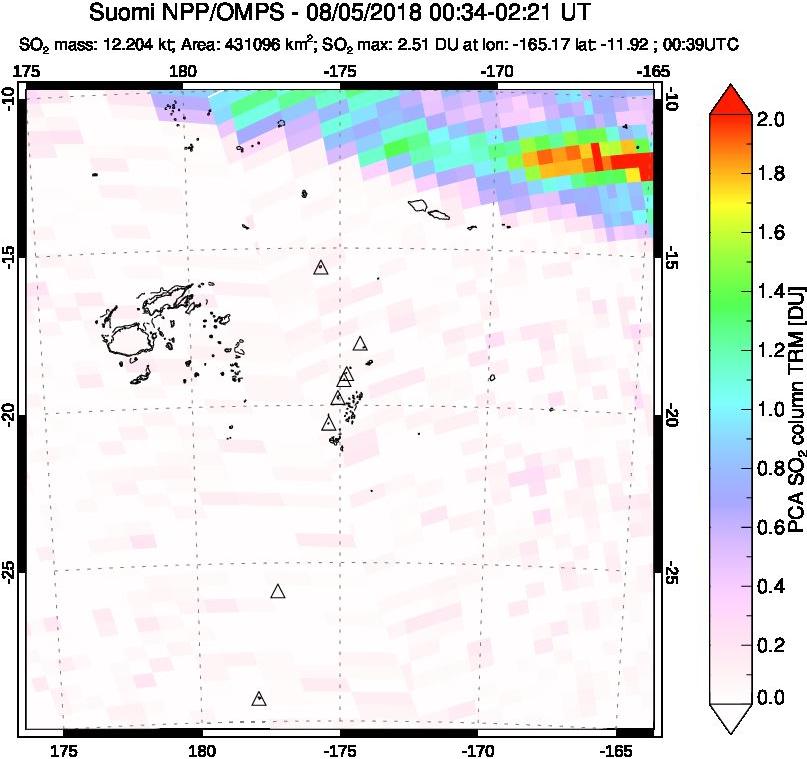 A sulfur dioxide image over Tonga, South Pacific on Aug 05, 2018.