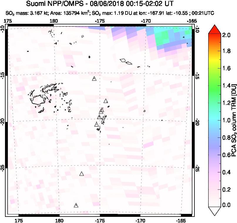 A sulfur dioxide image over Tonga, South Pacific on Aug 06, 2018.