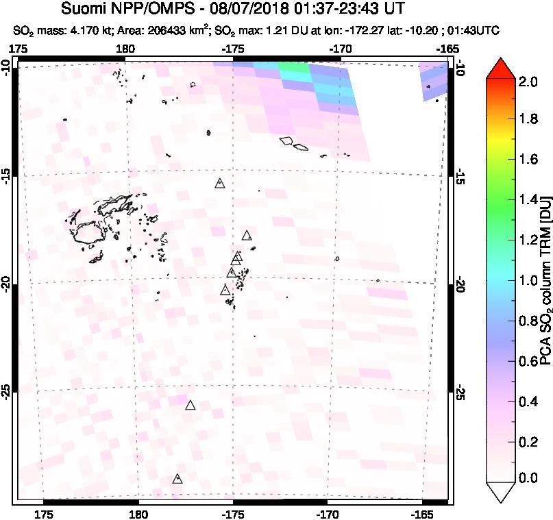 A sulfur dioxide image over Tonga, South Pacific on Aug 07, 2018.