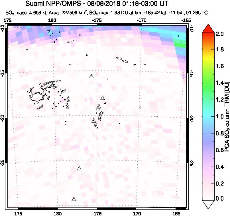 A sulfur dioxide image over Tonga, South Pacific on Aug 08, 2018.