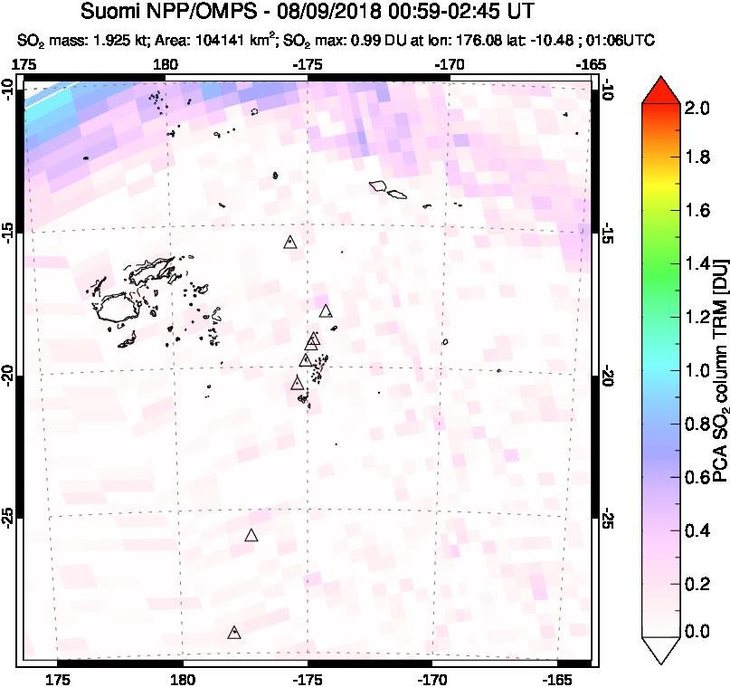 A sulfur dioxide image over Tonga, South Pacific on Aug 09, 2018.