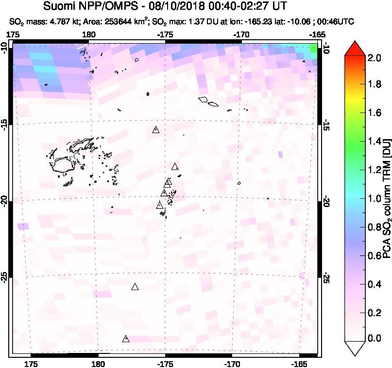 A sulfur dioxide image over Tonga, South Pacific on Aug 10, 2018.