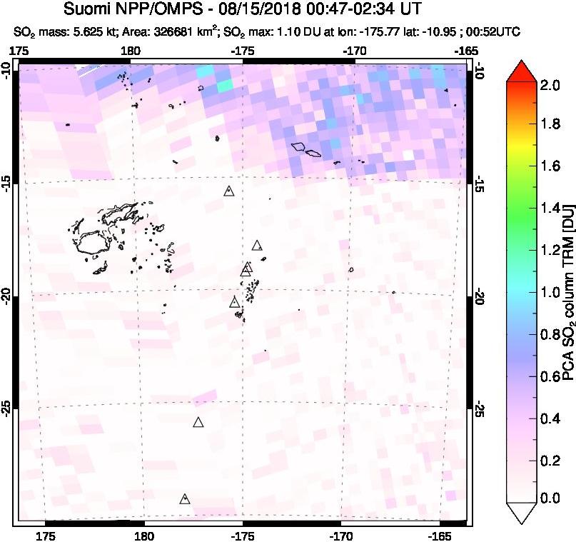 A sulfur dioxide image over Tonga, South Pacific on Aug 15, 2018.