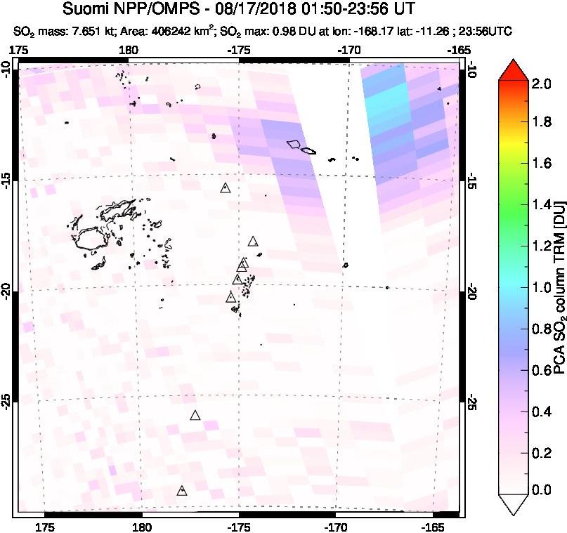A sulfur dioxide image over Tonga, South Pacific on Aug 17, 2018.