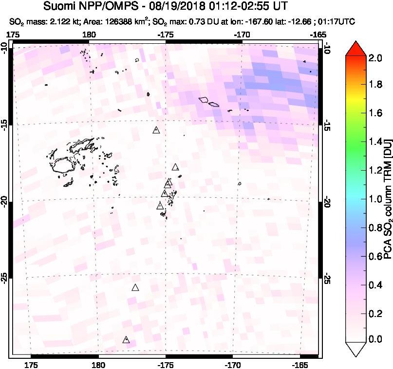 A sulfur dioxide image over Tonga, South Pacific on Aug 19, 2018.