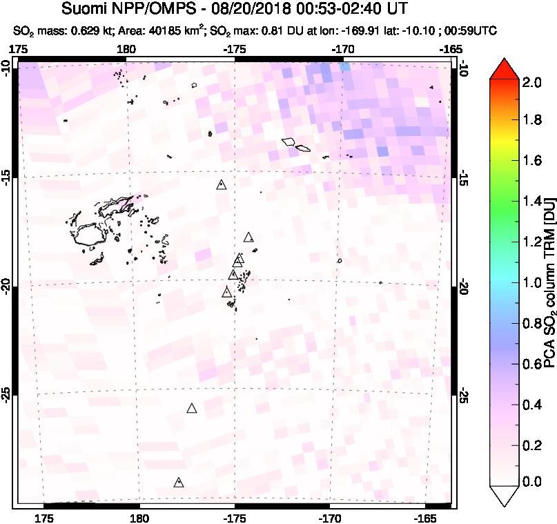 A sulfur dioxide image over Tonga, South Pacific on Aug 20, 2018.