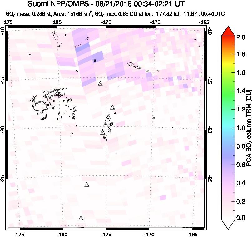 A sulfur dioxide image over Tonga, South Pacific on Aug 21, 2018.