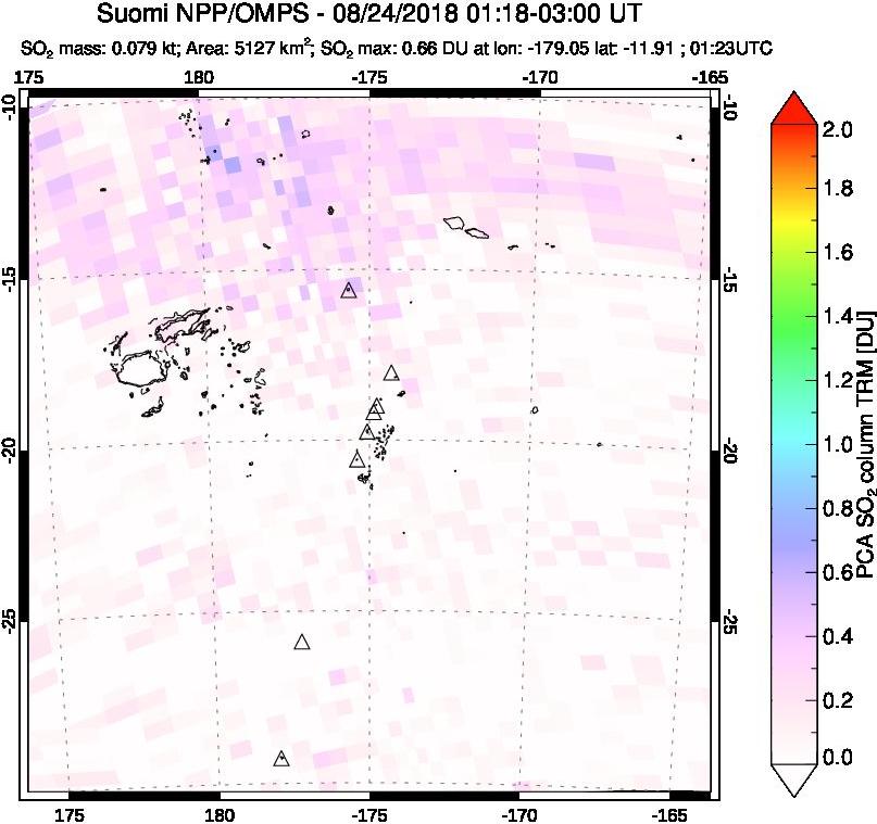 A sulfur dioxide image over Tonga, South Pacific on Aug 24, 2018.