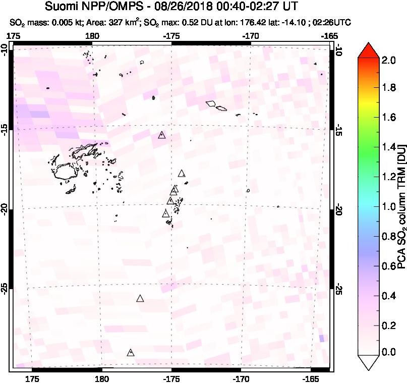 A sulfur dioxide image over Tonga, South Pacific on Aug 26, 2018.